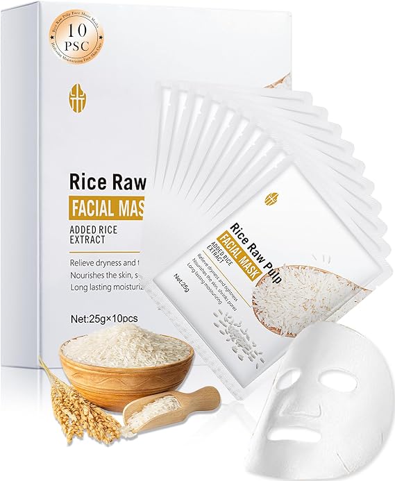 Facial Mask Set,10Pcs Moisturizing Smoothing Rice Raw Pulp Face Sheet Masks