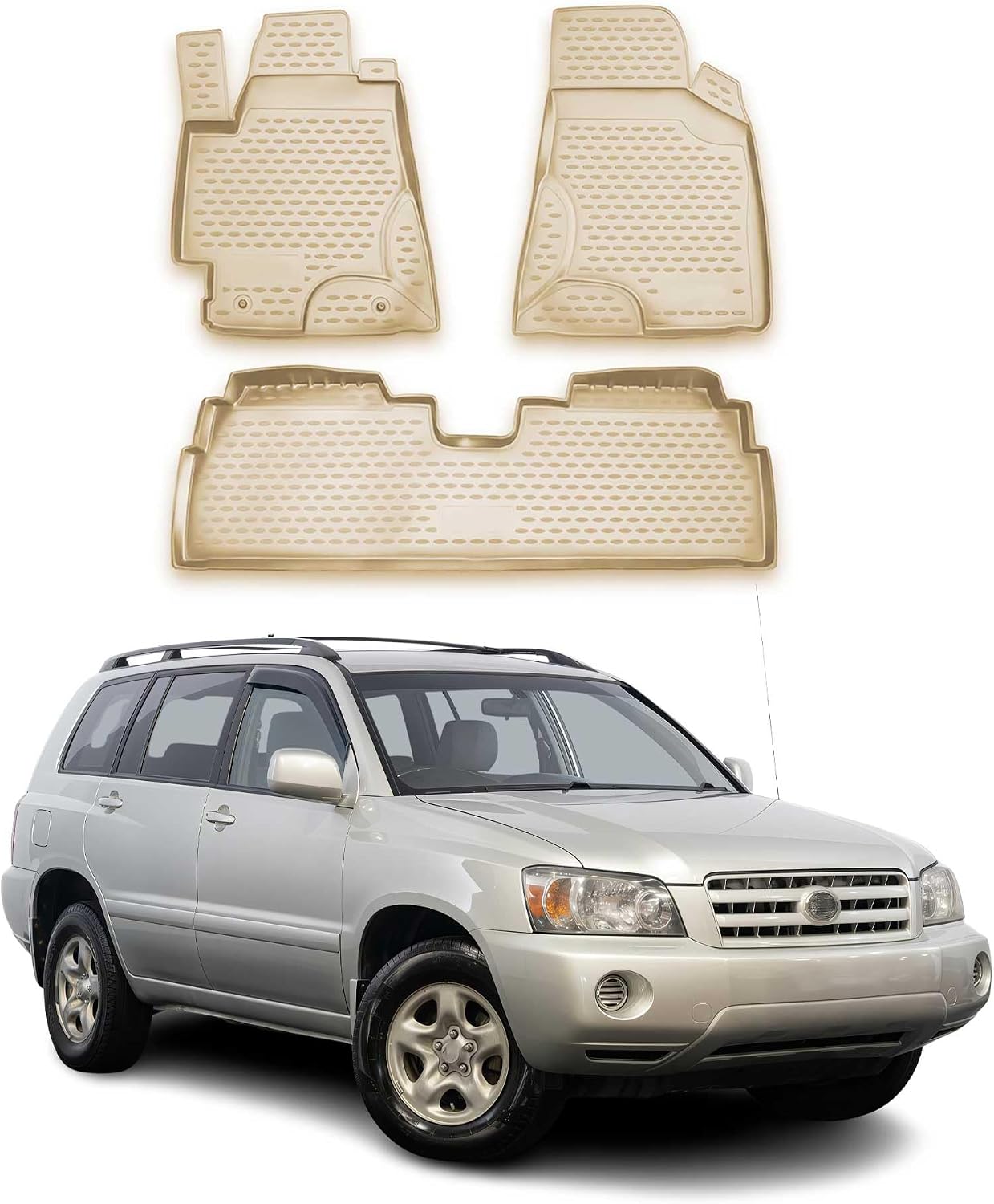 OMAC Floor Mats for Toyota Highlander 2001-2007 Car Mats All Weather 3D Custom Fit Rubber Mat Waterproof Odorless TPE Floor Liners Laser Measured Non-Slip Beige