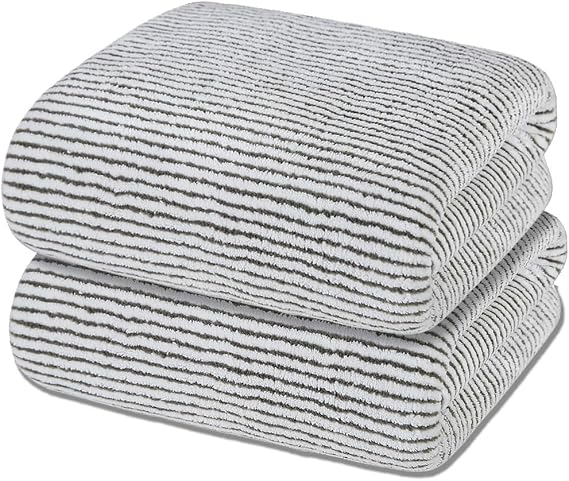 Microfiber Bath Towel, Soft and Super Absorbent Bathroom Shower Towel, Plush Drying Off Towel, Multipurpose Use for Hotel, Gym, Sports, Swimming, Travel, Fitness 2 Pack (55" x 29", Grey White Stripe)