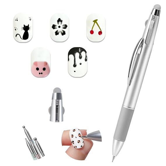 Nail Dotting Pen 5 in 1, Ballpoint Pen Design Nail Dotting Tool for Manicure Art Painting with 4 Size Marking and Pressing Head, Perfect for Nail Art Painting, Rhinestones DIY and Salon