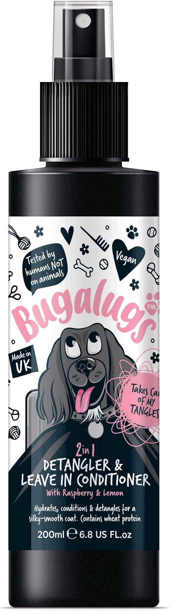 BUGALUGS Dog Detangler Spray, leave In conditioner spray de matting. No tangles. Professional dog grooming formula Wheat protein. Pet detangling spray knot removal (Detangler 200ml) (BSDTRLM200)