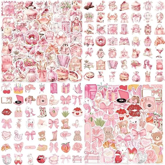 Vintage Pink Girls Sticker, 100 Coquette Vinyl Stickers Cute Waterproof Aesthetic Decals for Computer Phone Guitar Scrapbooks Water Bottles