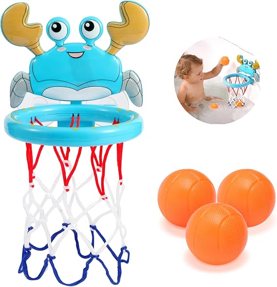 Bath Toys for Toddlers 1-4, Bathtub Basketball Hoop for Kids Toddlers, Water Pool Toys for Baby Toddler Toys Age 1-4, Basketball Hoop Sports Sensory Toys with 3 Hole-Free Balls (Blue Crab)