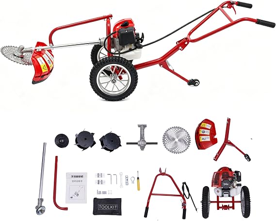 Walk Behind Weed Wacker, 2 Stroke 49 CC Gasoline Push Weed Eater | 6500-7000R/Min Walk Behind String Trimmer with 0.95L Fuel Tank, Foldable Rear Wheel for Mountains, Hills, Plains, Orchards