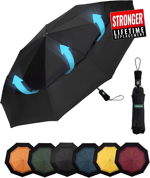 Compact Travel Umbrella Windproof Strong- Automatic Folding Umbrellas for Wind and Rain, Double Vented Canopy 210T Fabric 102cm Span - Portable Umbrella for Men and Women