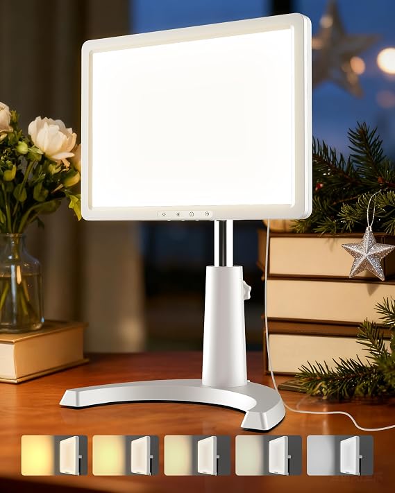 Light Therapy Lamp, 3 in 1 UV-Free Full Spectrum Sunlight Table Lamp | 12000 Lux Sun Lamp with Adjustable 10 Brightness 5 Color Modes, Timer, Height, Angle& Detachable Stand, White