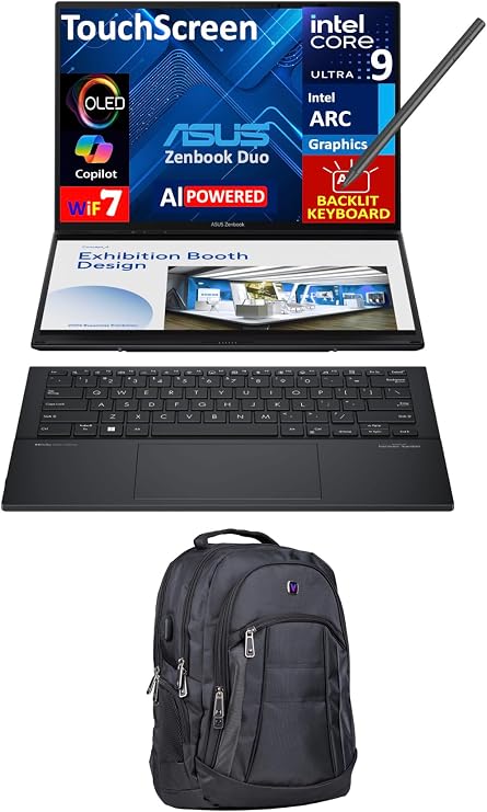 ASUS Zenbook Duo AI Powered 2-in-1 Laptop 14.0" Touchscreen OLED 2.8K Display (Intel Ultra 9-285H, 32GB LPDDR5X, 4TB PCIe SSD, Active Pen, Backlit KB, 2 Thunderbolt 4, Win 11 Home) w/Premium Backpack