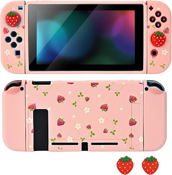 DLseego Protective Soft TPU Case for Nintendo Switch, Grip Cover for Joy-Handle, Detachable Controller Shockproof & Scratch-Resistant Console Shell, 2 Thumb Grips, Flower Strawberry, Pink 1 Switch