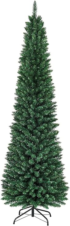 HAPPYGRILL 8FT Pencil Christmas Tree Slim Xmas Tree for Home Decoration Unlit Skinny Artificial Christmas Tree with Foldable Metal Stand PVC Leaves