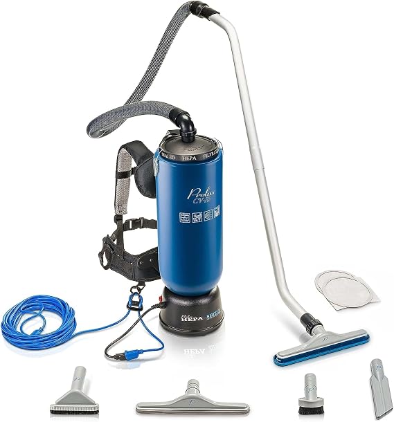 Prolux 10 Quart Blue Commercial Backpack Vacuum, HEPA Filter, Commercial and Residential Use, 50-Foot Power Cord, Crevice Tool, Duster Brush, Adjustable Straps, for All Surfaces, 150 CFM