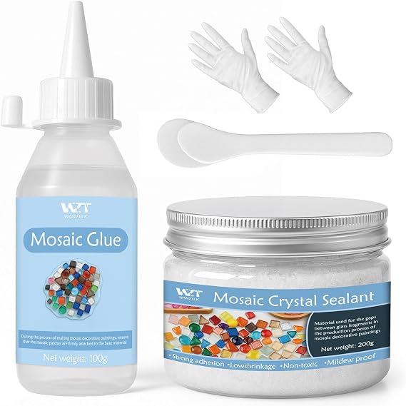 WAN2TLK Mosaic Craft Kit, Mosaic Glue and Grout, Applicator, Gloves, for Mosaic Tiles, Glass, Coaster Art, Home Decoration (White Grout)