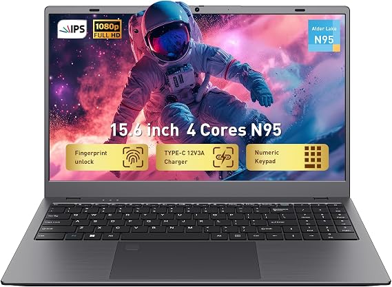 15.6" FHD IPS Laptop Computer-12GB RAM 256GB SSD 4-Core N95 (Beats 6500Y,8100Y) Notebook with Fingerprint, Numeric Keypad, Dual Type-C for Business Work, School Online Class, Daily Use -WiFi 5, BT5.0