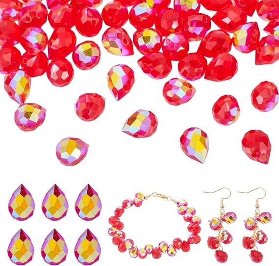 50Pcs Red Faceted Glass Teardrop Beads Electroplate Top Drilled Drop Loose Spacer Beads Transparent Crystal Water Drop Bead Teardrop Chandelier Charms for DIY Earring Bracelet Jewelry Making