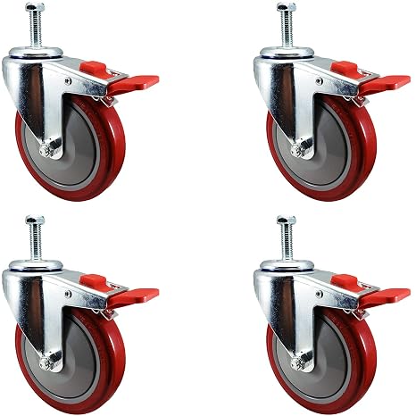 5 Inch Total Lock Caster - Red Polyurethane Wheel - 1/2"-13 x 1.5 Threaded Stem Set of 4