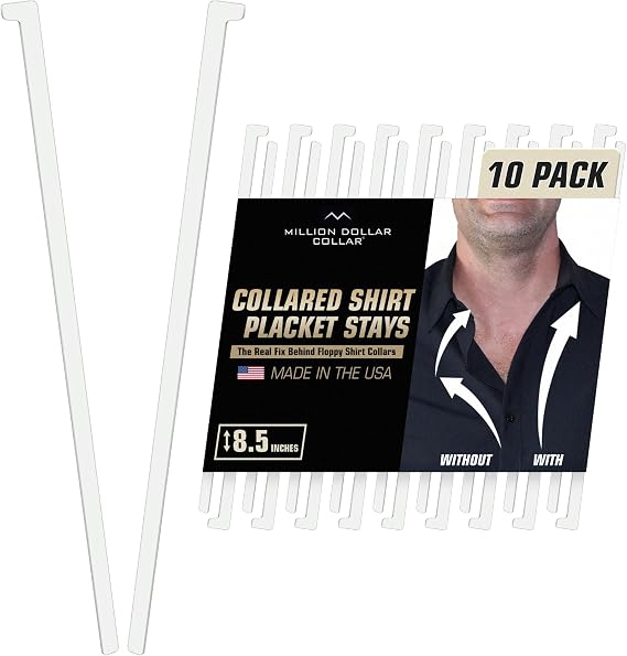 Million Dollar Collar Placket Stays - Dress Shirts Collar Stays Crisp & Firm, Universal Fit for Mens Dress Shirts & Polo