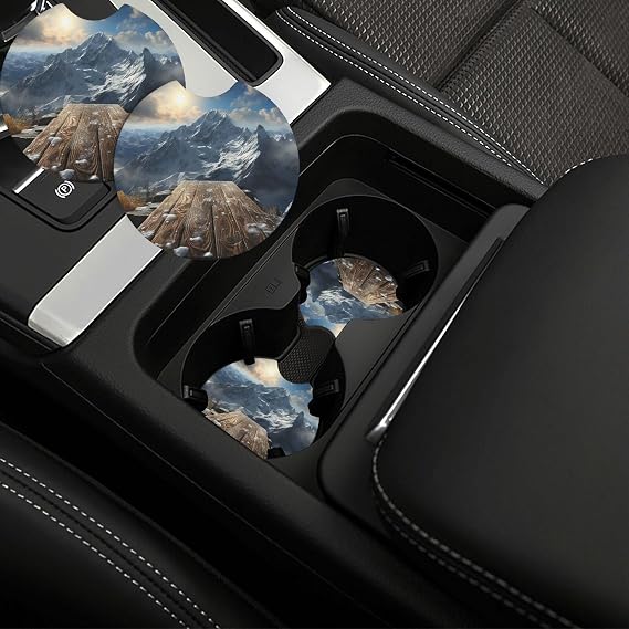 Car Coasters 2 Pack Grandstand On The Snowy Mountain Print Car Cup Holder Coasters with Finger Notch Insert Drink Coaster Car Interior Accessories