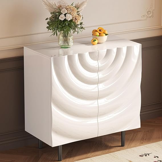 Miuuod 80cm White Buffet Cabinet, Modern High Gloss Sideboard With 2 Doors