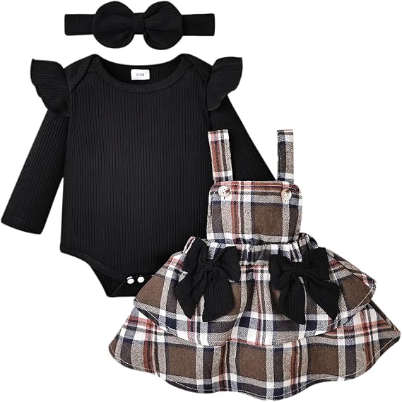 FOCUTEBB Baby Girl Clothes Fall Winter Outfit Long Sleeve Ruffle Romper Plaid Skirt Bow Headband 3 Pcs Set 0-18 Months