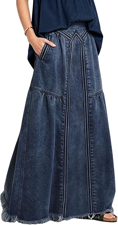 ebossy Women's High Waist A Line Frayed Maxi Long Denim Skirt with Pockets | Multi-Pocket, Casual Loose, Western Style, Classic Wash, Trendy Y2k Distressed, Patchwork Jean Skirt for Party Beach Festival