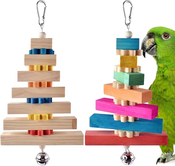 DBNESS Bird Toys, 2 Pcs 12.6in Parrot Chewing Toys for Beak Grinding and Colorful Natural Wooden Block Bird Cage Accessories for Medium Cockatiels African Greys Senegals Amazons