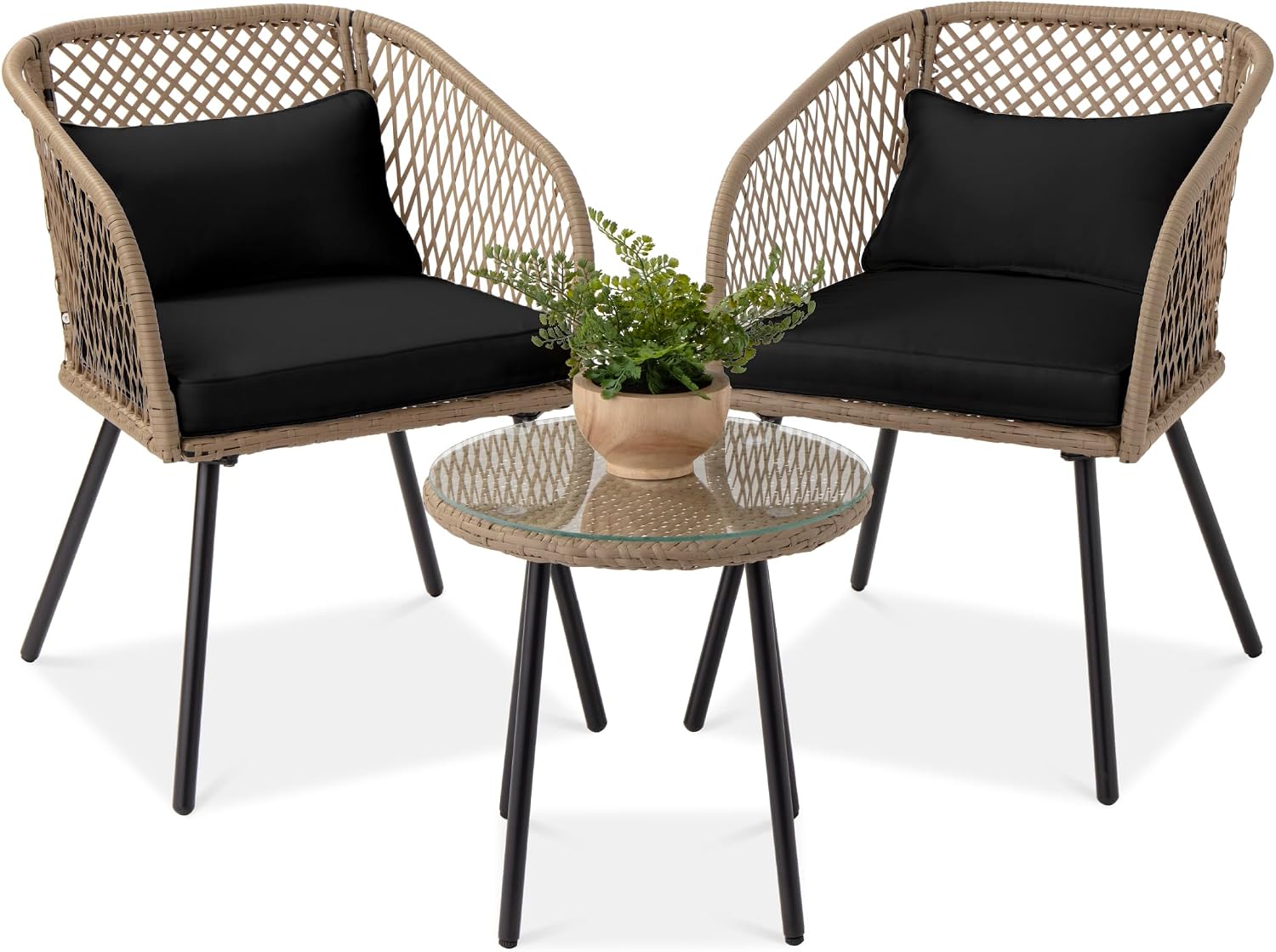 Best Choice Products 3-Piece Outdoor Wicker Bistro Set, Patio Dining Conversation Furniture for Backyard, Balcony, Porch wDiamond Weave Design, Tempered Glass Side Table, 2 Chairs - Black