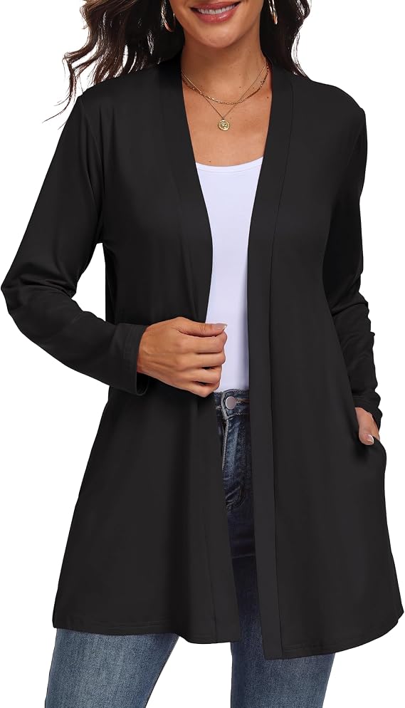 QIXING Women Lightweight Long Sleeve Cardigan with Pocketes