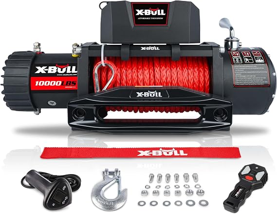 X-BULL Winch 10000 lb. Load Capacity Electric Winch Kit 12V Synthetic Rope,Waterproof Electric Winch with Hawse Fairlead, with Wireless Handheld Remote and Corded Control Recovery