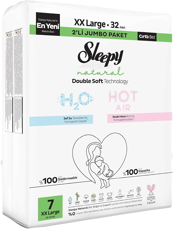 Sleepy Natural Double Soft Avantajlı Mega Paket Bebek Bezi 7 Numara Xxlarge 32 Adet
