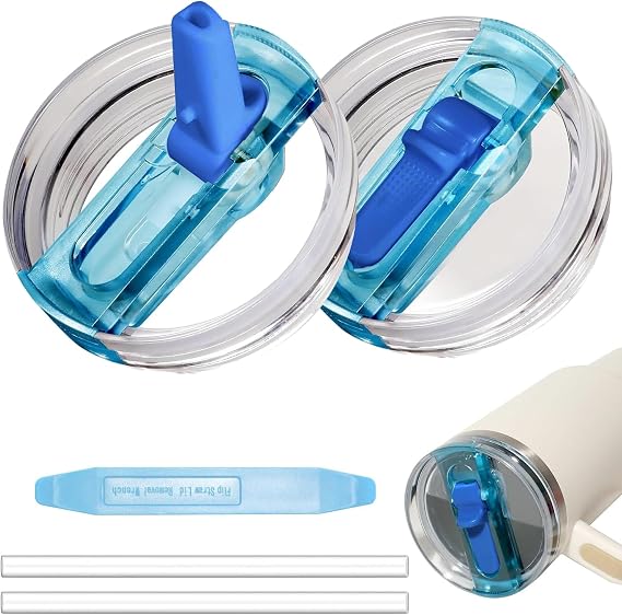 2 Pack 40 oz Tumbler Flip Straw Lid for Stanley Quencher ProTour Leak Proof Lid Replacement for Stanley H2.0 Quencher, Spill Proof Reusable Lid for Stanley Cup Accessories (Blue & Blue, 40 oz)