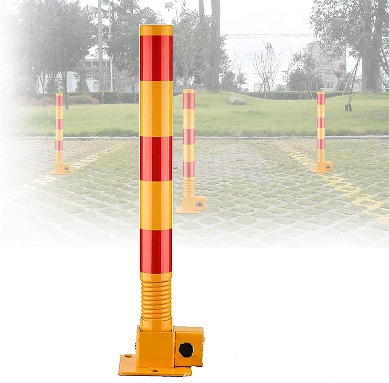 Folding Parking Post, Parking Barrier Parking Lock Heavy Metal Parking Obstacle Pile with Warning Stripes, Parking Piles Driveway Parking Interceptor Bollard