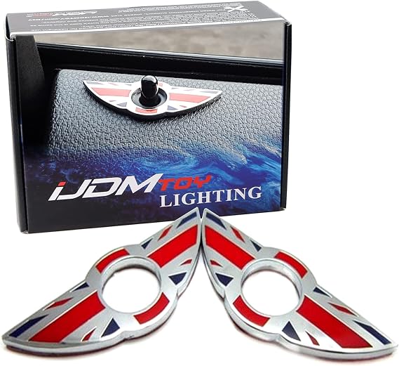 iJDMTOY (2) Union Jack Style Wing Emblem Rings Compatible with MINI Cooper R55 R56 R57 R58 R59 Door Lock Knobs, Red/Blue UK Flag Design (Does not fit R60 R61 nor F55 F56 Models)