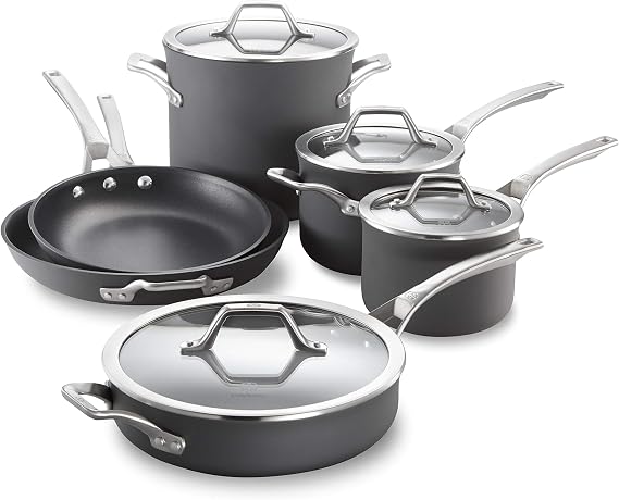 Calphalon 10-Piece Nonstick Kitchen Cookware Set Stay-Cool Stainless Steel Handles Dishwasher and Metal Utensil Safe Oven-safe up to 500 degrees F PFOA-Free Built to Last Black