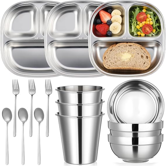 Tioncy 15 Pcs Stainless Steel Divided Plates Bowls Cups Set for Kids