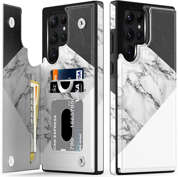 BEMAL for Samsung Galaxy S22 Ultra Wallet Case,Flip Folio Leather Kickstand with Fashion Designs for Women Girls,Card Slots Protective Phone Cover for 6.8" Black White Marble