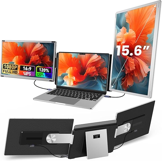 15.6" Laptop Screen Extender, 1080P FHD Laptop Monitor Extender with 120% sRGB, 235Rotation Detachable Dual Monitor, Plug & Play, Triple Screen Compatible with Windows, Mac, Chrome