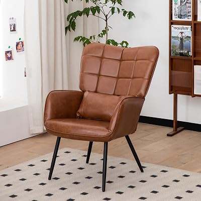 Brown Accent Chair, Leather Armchair with Metal Legs and Soft Padding, Leather Chairs for Living Room, Bedroom, Vanity Room, Dining Room