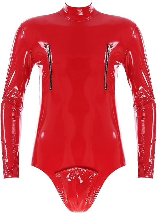 Freebily Men's Shiny Metallic PVC Leather Bodysuits Long Sleeves Leotard Jumpsuits with Crotch Hole