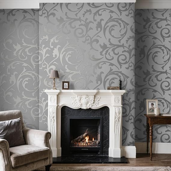Silver Grey Wallpaper for Living Room Feature Damask Bedroom Wallpaper for Adults Retro Leaf Slight Glitter Kitchen Wallpapers for Hallway Dining Room