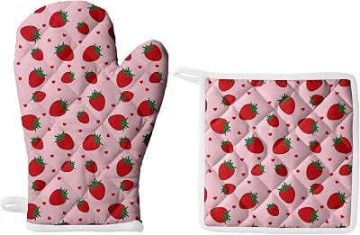 Strawberry Oven Mitts, Oven Gloves and Pot Holders, Strawberry Cooking Mitts, Heat Resistant Potholders, Oven Mitts and Pot Holders Set