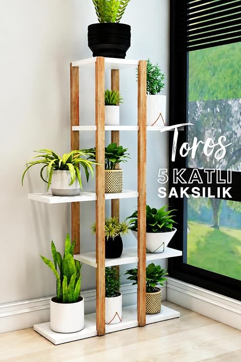Toros Ahşap 5 Katlı Çiçeklik, Saksılık, Çiçek Standı, Dekoratif Raf / Çok Amaçlı Kullanım