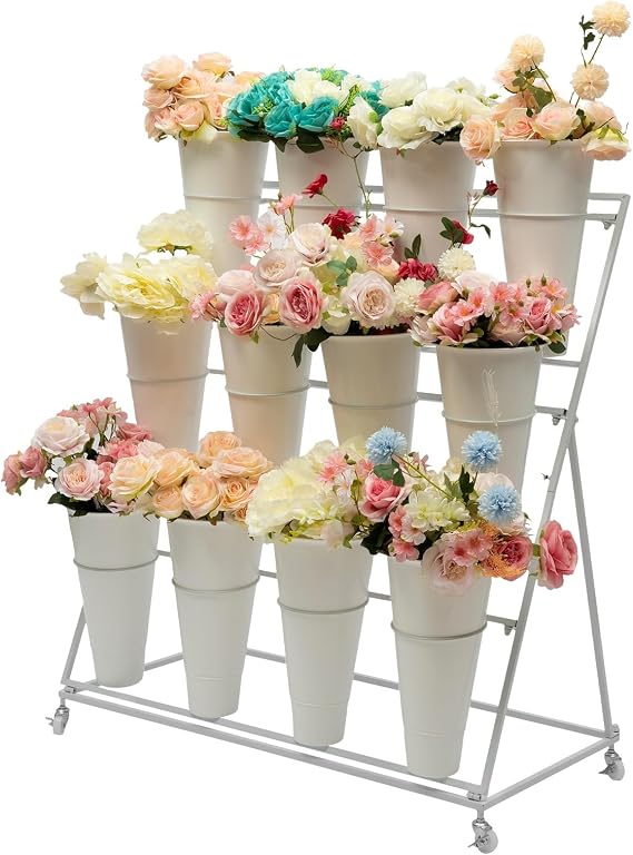 flower bar stand, flower display stand with 12 buckets, 3 Layers Flower Cart White Metal Flower Bar Stand with Wheels, Moving Florist Bouquet Shelf for Indoor Outdoor Patio Garden Weddings