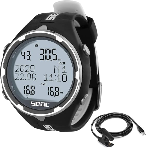 Seac Action, Dive Computer with Scuba and Freediving Mode, Dive Logbook, Dive Planner, Safety Alarms, black/white + usb