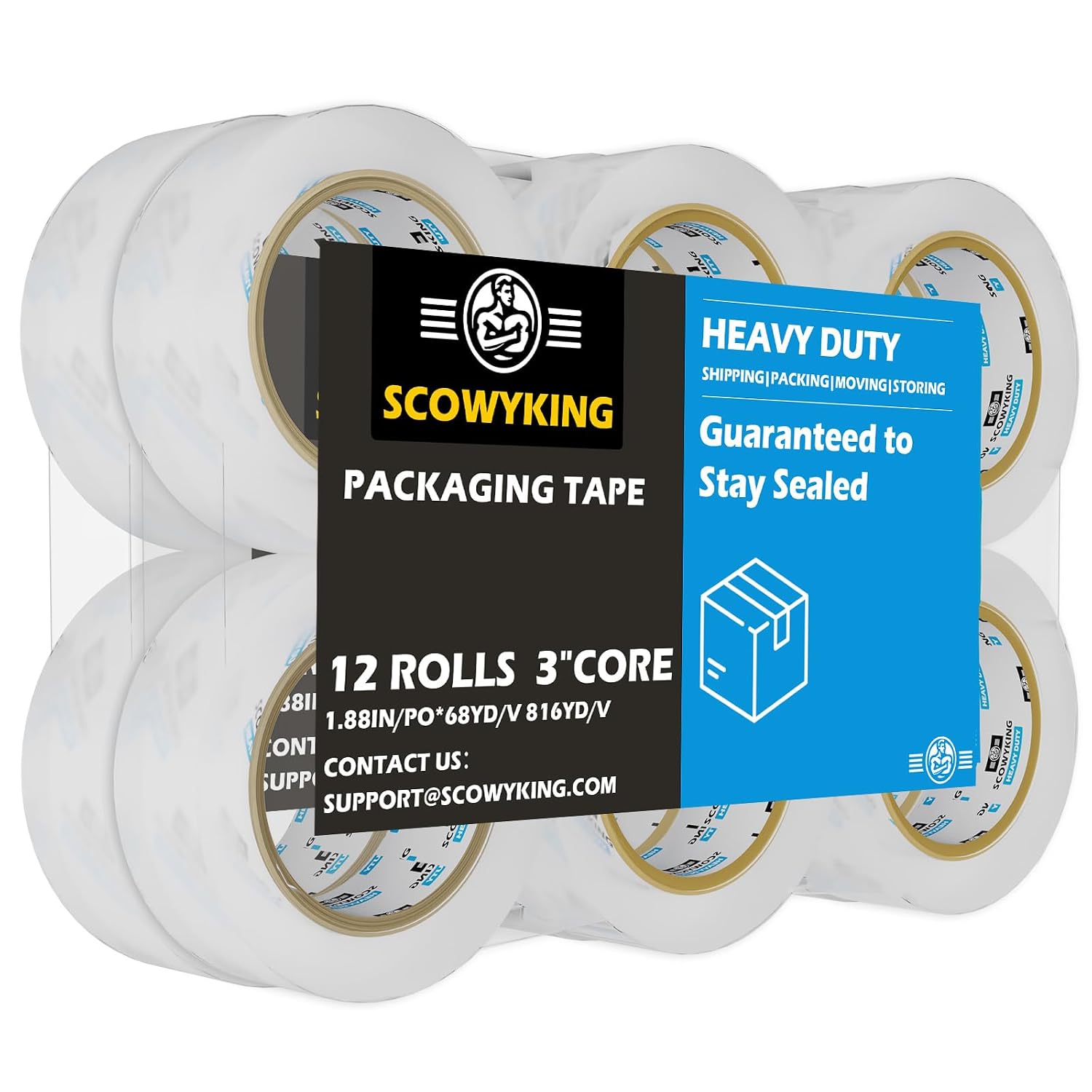 12 Rolls Clear Packing Tape, 1.88 Inch x 68 Yards, 2.7 Mil Thick - Heavy Duty Shipping Tape for Moving, Sealing Boxes, Packaging - Strong Adhesive, Crystal Clear, Residue-Free, Bulk Value Pack