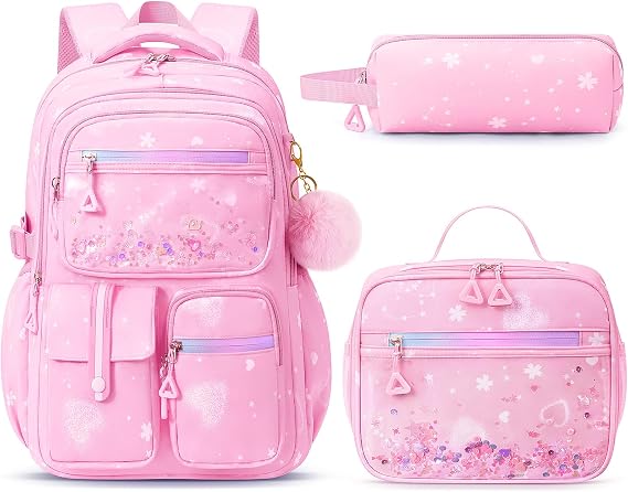 Fimibuke Backpack for Girls, 3 PCS Bookbag Set with Lunch Box & Pencil Case | Pink Waterproof Cute Travel Bookbag SchoolBag Set for Kindergarten Elementary Middle High School Student Toddler Kids Teens