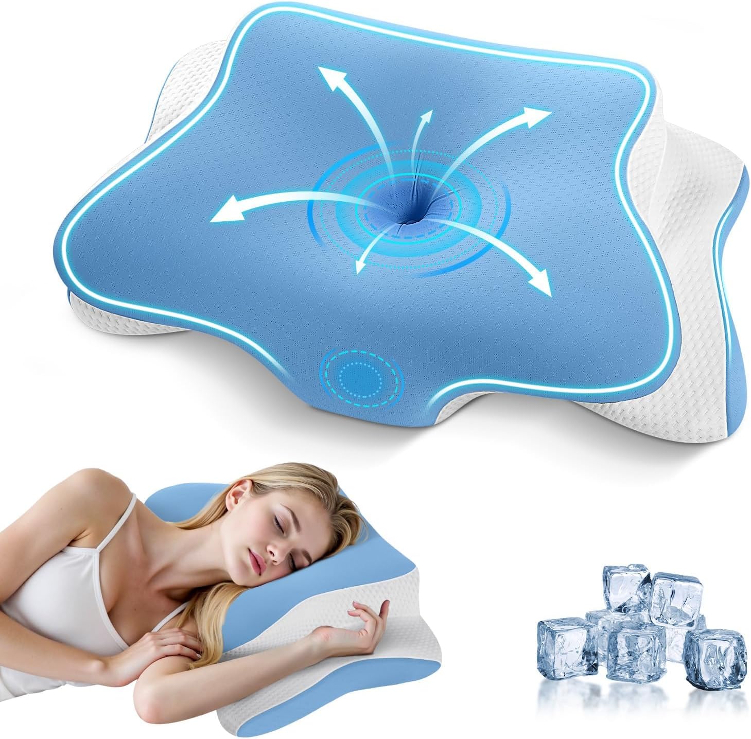 A-Pce Memory Foam Pillow, Orthopedic Ergonomic Pillow for Neck and Shoulder Pain, Cervical Neck Support for Back, Stomach and Side Sleepers, Cooling Pillows with Washable Ice Silk Pillowcase, Blue