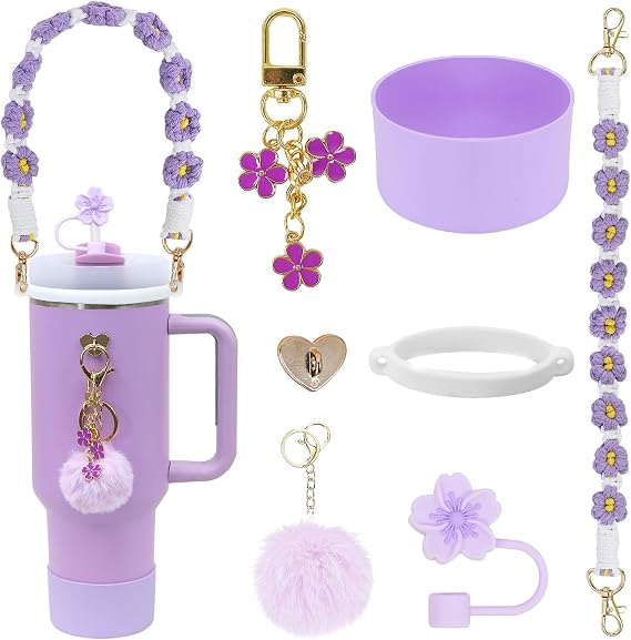 LACGO 7PCS Stanley Cup Accessories Including Silicone Boot, Boho Woven Handle Strap,Straw Cover and Charms,Stanley Accessories for 30/40oz Tumbler（Purple）