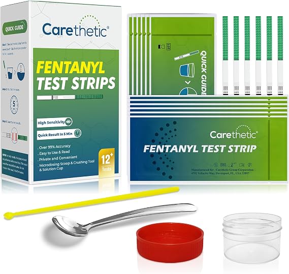 [12 Pack] Carethetic Fentanyl Test Strips Kit - Rapid Drug Testing for Pills, Powder, Liquid with Micro Scoop, Crusher & Specimen Cup