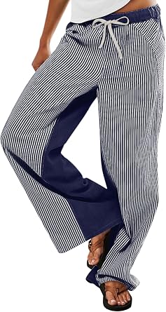 PEIHOT Low Waisted Striped Pants for Women Pull On Lounge Boho Wideleg Jeans Trendy Blue and White