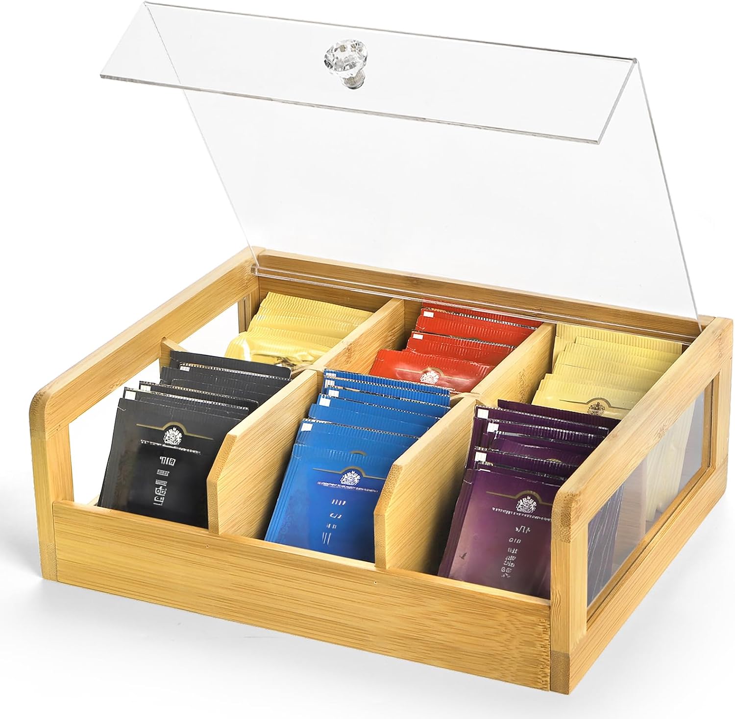 Jucoan Bamboo Tea Bag Organizer, 6 Compartment Tea Storage Holder Box with Clear Acrylic Lid and Window for Sugar Tea Packets, Tea Chest Box Caddy for Home Kitchen Office Tea Coffee Station