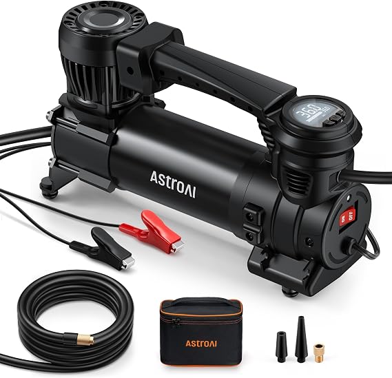 AstroAI T4 Heavy Duty Truck Tire Inflator, 120PSI Air Compressor | 12V Air Compressor with Digital Gauge, Auto Shutoff, LED Light and Alligator Clips for Trucks, Pickups, SUVs and RVs